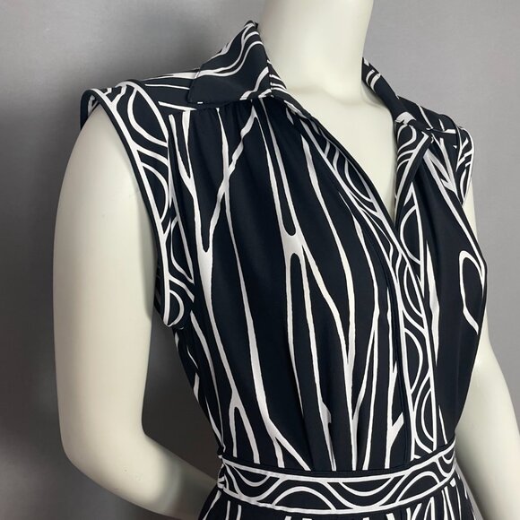 BCBGMaxAzria‎ Dress Abstract Print Black White Tie Waist Pockets Size Medium - Picture 8 of 10